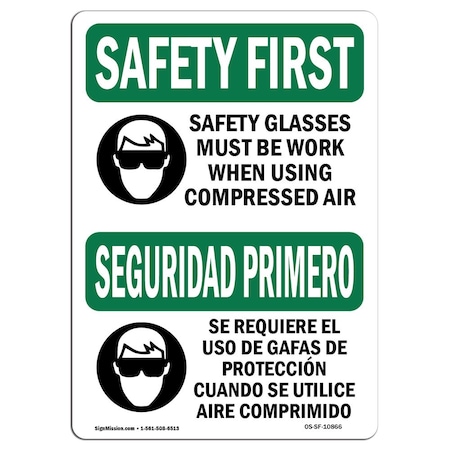 Signmission OSHA Sign, Glasses Must Worn Bilingual, 14in X 10in Aluminum, 14" W, 10" H, Landscape OS-SF-A-1014-L-10866